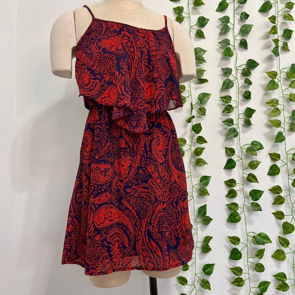 Eyelash Couture Red & Navy Paisley Ruffle Layer Midi Dress Boho Sleeveless XS - Picture 2 of 5